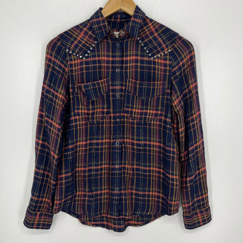 Express‎ Boyfriend Plaid Flannel Shirt Womens XXS Navy Orange Gold Western Studs